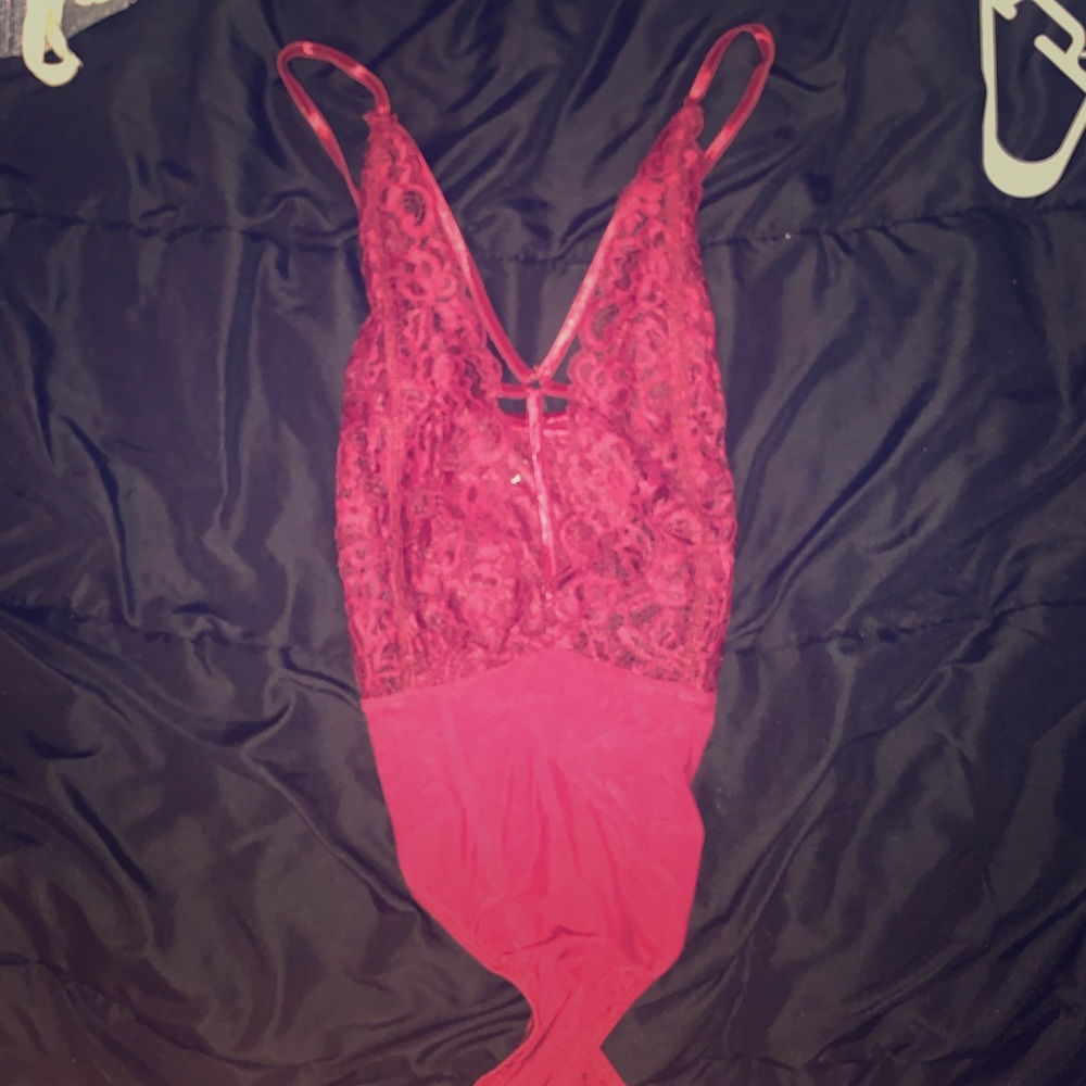 See through red lingerie-like body suit